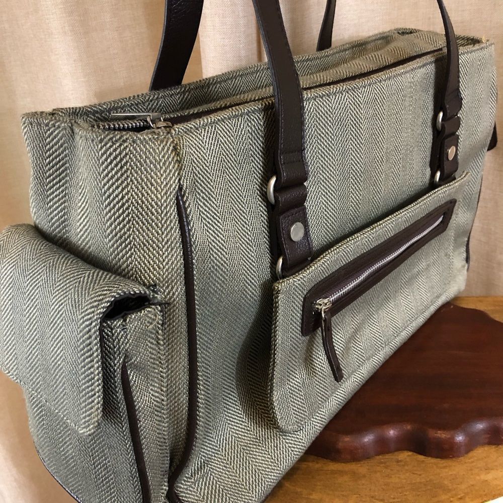 Bath & Body Works Grey Herringbone Laptop Bag with Dark Brown Trim